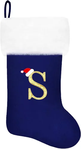 Vista 84 de Calcetines de Navidad bordados de 20 pulgadas con monograma, terciopelo negro con puño de felpa blanca supersuave, adornos clásicos para decoración