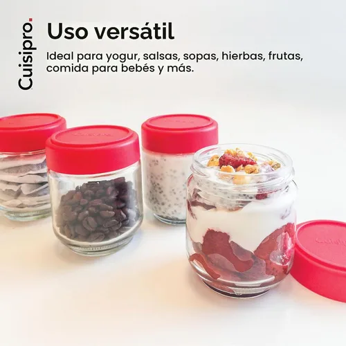 Vista 4 de Cuisipro Tarros con tapas, tarros de vidrio de 6 onzas con tapa hermética boca ancha, paquete de 4, tarros de conservas para líquidos, recipiente