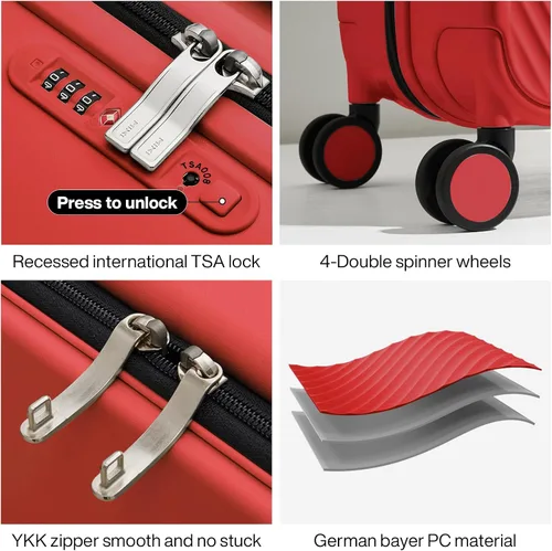 Vista 5 de mixi Maletas de equipaje ligeras de mango ancho PC Hardshell equipaje con ruedas giratorias y cerradura TSA, con cubierta, Rojo -, Viajes