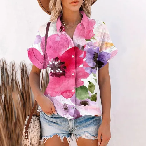 Vista 2 de Camisa de manga corta con cuello abierto para mujer, con múltiples botones, blusa casual de lino y algodón para verano