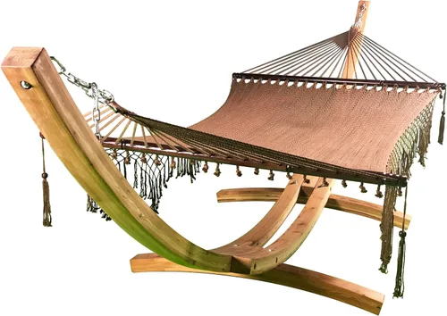 Vista 8 de Hamaca de arco de madera tratada con agua de 14 pies + cama hamaca acolchada de primera calidad, cama doble acolchada. Cama para 2 personas. Beige