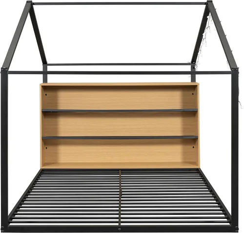 Vista 6 de Cama juguetona en forma de casa de tamaño matrimonial con estantes y luces, marco de cama de metal con techo para niños, adolescentes y adultos, un