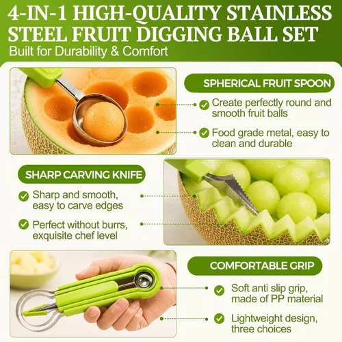 Vista 4 de Juego de palas de melón Suuker, 4 en 1 cortadores de frutas con formas, cuchara de sandía, cuchara de frutas y pelador de bolas, herramientas