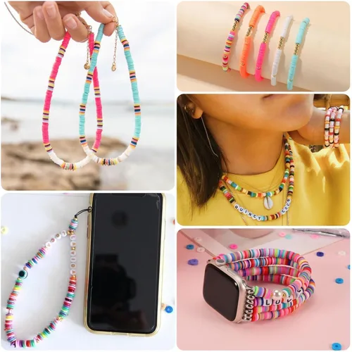Vista 6 de Kit de pulsera de cuentas de arcilla de 50 hebras, 19000 unidades, cuentas planas redondas de arcilla polimérica de 0.236 in, cuentas Heishi