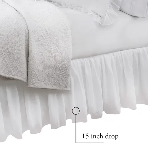 Vista 5 de Belles & Whistles Falda de cama con volantes de doble gasa, con capas de algodón, longitud de caída de 15 pulgadas, Queen, color blanco