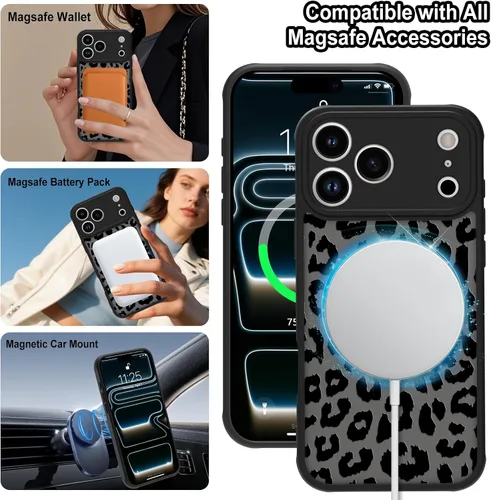 Vista 5 de Funda magnética para iPhone 17 Pro [compatible con MagSafe], bonita funda de moda con estampado de leopardo negro, translúcida, mate, parte trasera