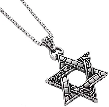 Vista 2 de pickyegg.com Collar con dije de estrella hexagonal de 6 puntos de acero inoxidable para hombre, Metal, Sin gemas.