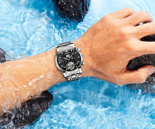 Vista 2 de OLEVS Relojes automáticos para hombre, oro de lujo, vestido de diamantes de cuerda automática, esqueleto mecánico, Tourbillon, reloj de pulsera