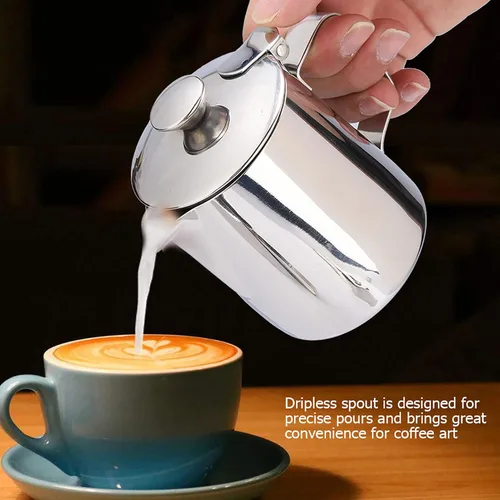 Vista 5 de Jarra de espuma de leche de acero inoxidable 11.8 fl oz con tapa, para arte con leche y espuma de café