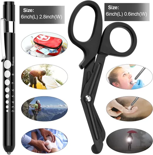 Vista 2 de Paquete de 2 tijeras médicas y linternas médicas con baterías para enfermeras, suministros médicos con una linterna LED médica, unas tijeras de 6
