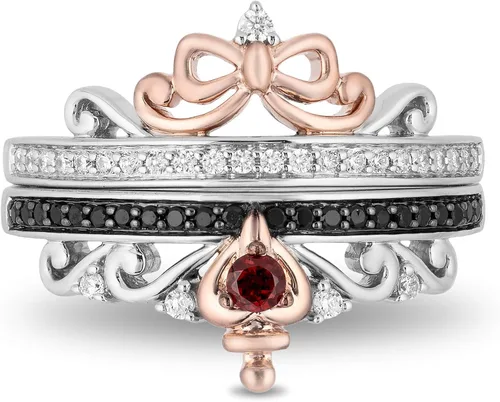 Vista 2 de Jewelili Enchanted Disney Fine Jewelry Anillo de plata de ley y oro rosa de 10 quilates con diamante de 14 quilates y rubí redondo blanco nieve