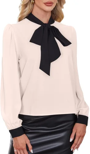Vista 6 de Avanova - Camisas de manga larga abullonada con cuello de lazo para mujer, blusas casuales de trabajo