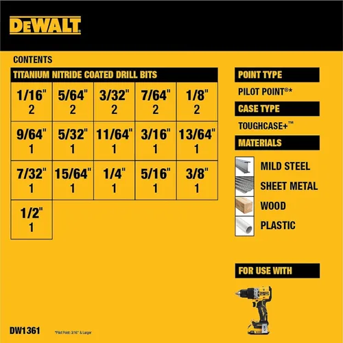 Vista 3 de DEWALT Drill Bit Set, 21 Pc. Titanium Nitride Coated Pilot Point DEWALT Bit Set with Case for Wood, Metal and Plastic (DW1361) (Pack of 5)