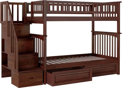 Vista 5 de Cama Atlantic Furniture tipo litera con escalera Columbia y cajones de cama en panel elevado, Madera, Nogal Antiguo