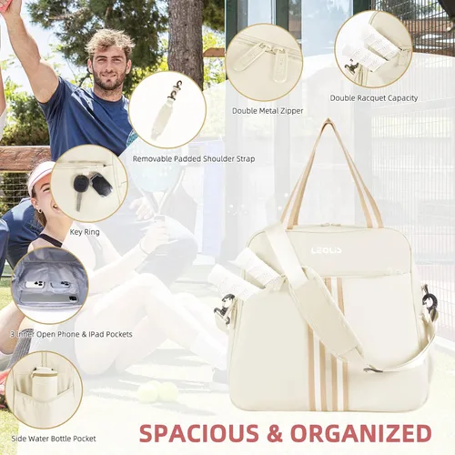 Vista 4 de Bolsa de Pickleball Mochila de Pickleball para Mujeres Bolsa de Equipamiento Deportivo con Compartimento para Zapatos Accesorio de Regalo 30L, Beige