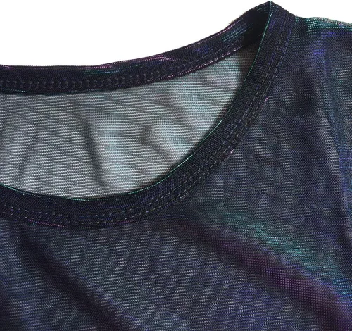 Vista 4 de LOTUYACY Camiseta sexy de malla brillante metálica para mujer, manga corta, malla transparente, Brillo metálico.
