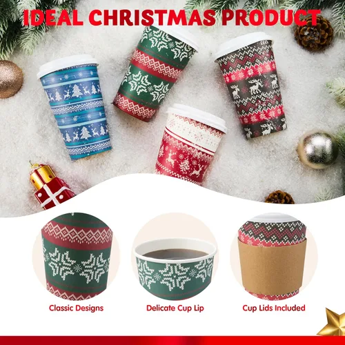 Vista 4 de JOYIN 24 piezas de vasos de papel desechables de Navidad, vasos de fiesta de Feliz Navidad de 16 oz con mangas y tapas, 4 diseños de vajilla