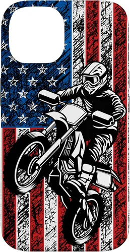 Vista 4 de Funda vintage con bandera estadounidense para iPhone 16 Motocross Dirt Bike
