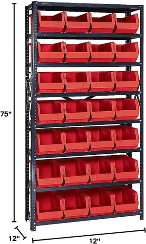 Vista 340 de Quantum QSBU-245BK Heavy Duty Shelving Unit with (7) Shelves and (24) QUS245 Black Bins for Garage Warehouse Storage Distribution 400 lb Load