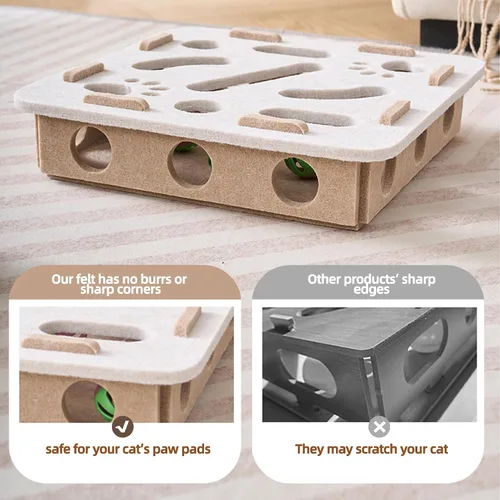 Vista 4 de Juguete interactivo de rompecabezas para gatos, caja de laberinto de fieltro con 3 bolas de cascabel para gatos de interior, estimulación mental