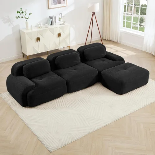 Vista 65 de Sofá moderno comprimido sin armazón de 116", sofás seccionales de 3 plazas para sala de estar, sofá seccional modular de pana verde nube, espuma