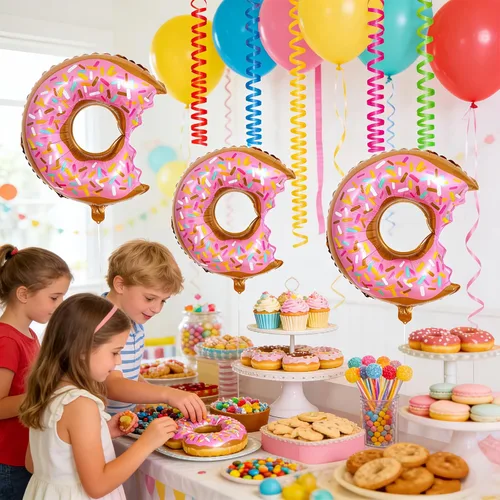 Vista 4 de 10 globos rosados de dona para cumpleaños con temática de donas, suministros de fiesta de boda