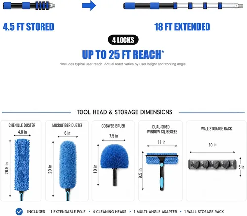 Vista 2 de Kits de plumero para techos altos de 25 pies con poste de extensión de servicio pesado de 5 a 18 pies - Limpiador de aspas de ventilador, removedor