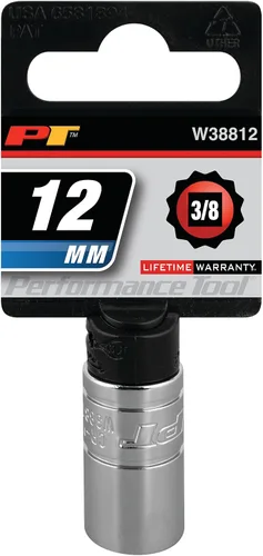Vista 2 de Performance Tool W38812 Enchufe de 12 puntas, unidad de 3/8 de pulgada, 12 mm Chrome vanadium steel. Polished nickel chrome finish. Designed to