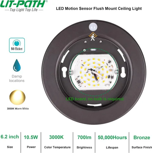Vista 3 de LIT-PaTH Lámpara LED de techo empotrada, accesorio de iluminación de armario con sensor de movimiento, 10.5 W, 700 lúmenes, 6.2 pulgadas, carcasa