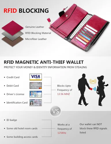 Vista 3 de Demon&Hunter Cartera de piel auténtica con bloqueo RFID de gran capacidad para mujer DZA2083, DZA2083R x Rosa, Cartera RFID