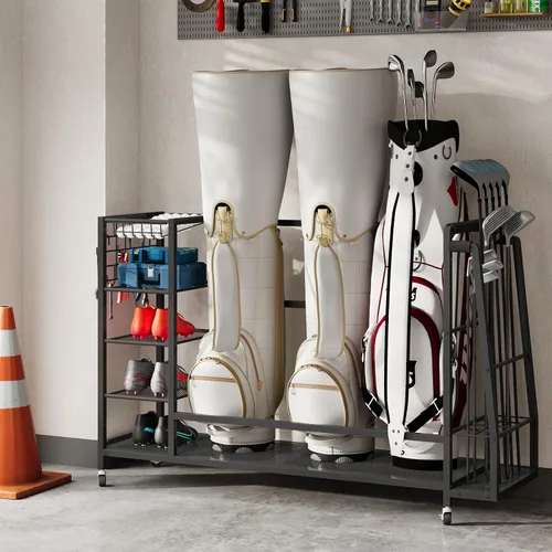 Vista 4 de HOOBRO Golf Bag Storage Garage Organizer, Golf Bag Storage Stand Fits 3 Golf Bags and Golf Equipment Rack with Wheels, Extra Storage Rack for