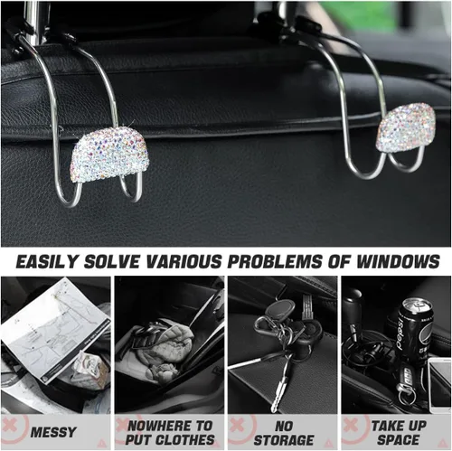 Vista 3 de AUCELI Gancho para reposacabezas de automóvil, paquete de 2 organizadores brillantes para el asiento trasero para bolso, ropa, bolsa de comestibles