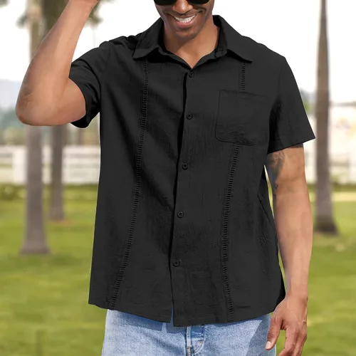 Vista 3 de Ranberone Men's Short Sleeve Cuban Guayabera Shirt Casual Button Down Cotton Linen Beach Summer Shirt