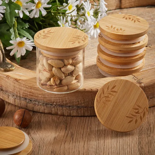 Vista 5 de Juego de 6 tapas para tarros de yogur compatibles con tarros de yogur Oui, tapas de madera de bambú, tapas redondas reutilizables con anillos