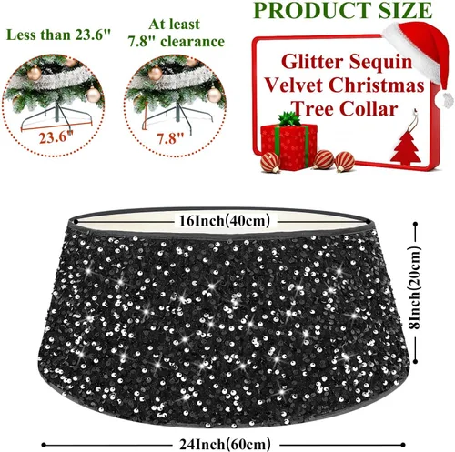 Vista 3 de FUHSY Collar Negro de Árbol de Navidad de 24 Pulgadas, Falda de Árbol de Navidad con Lentejuelas, Terciopelo Metálico, Falda de Árbol de Halloween