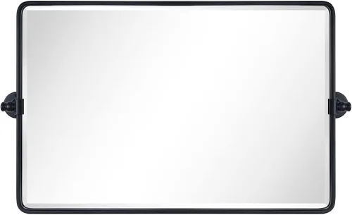 Vista 2 de TEHOME Espejo rectangular horizontal de estilo rústico con marco de metal negro y pivote redondeado para baño, espejos de tocador biselados 2-Negro