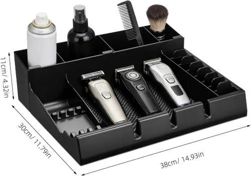 Vista 4 de LALAFINA - Bandeja organizadora de cortapelos de peluquería de 15 x 12 x 4.33 pulgadas, caja de almacenamiento portátil con diseño de corte a
