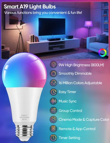 Vista 4 de Bombillas LED inteligentes A19, equivalente a 60 W, 800 lúmenes, cambio de color, bombillas Bluetooth E26 de 9 W con control remoto, 16 millones