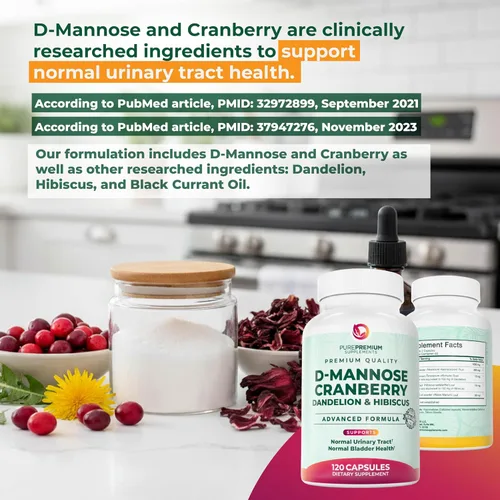 Vista 6 de PurePremium D-manosa con arándano, hibisco y diente de león, suplementos de D-manosa de 1000 mg para mujeres, apoya la salud del tracto urinario