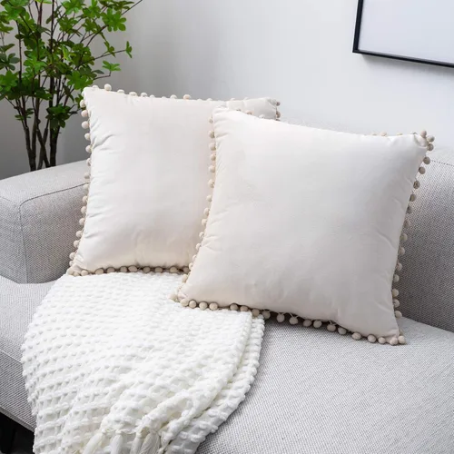 Vista 9 de Juego de 2 fundas para cojines decorativos de terciopelo sólido suave con borde de pompones