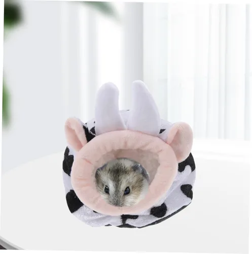 Vista 9 de VILLCASE Hámster de algodón para mascotas, acogedor escondite para conejillos de indias, cama de algodón cálida y adorable con estampado de vaca