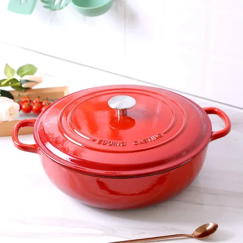 Vista 3 de EDGING CASTING - Horno holandés de hierro fundido esmaltado con estofador poco profundo y asa doble, 3.8 QT, rojo