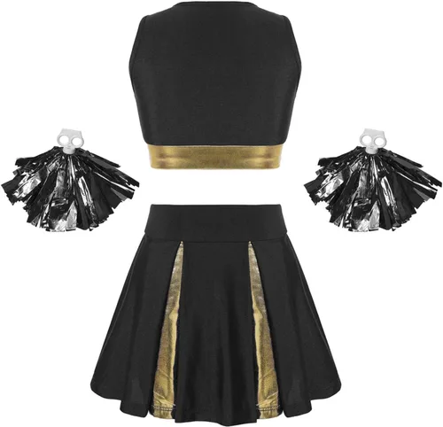 Vista 2 de Disfraz de líder de animadora para niñas, disfraz de fiesta de Halloween, uniforme de animadora, falda plisada con pompones