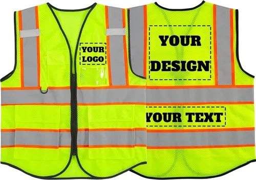 Vista 33 de Chaleco de seguridad reflectante de malla con logotipo personalizado con cremallera Chaleco de alta visibilidad para construcción al aire libre Ropa