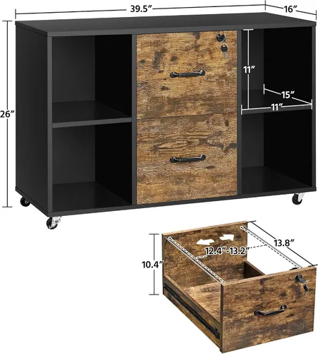 Vista 3 de Topeakmart Archivador de 2 cajones para tamaño carta A4, archivador lateral móvil grande con 4 compartimentos de almacenamiento para oficina en casa