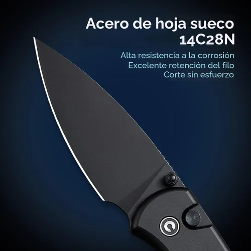 Vista 2 de CIVIVI Cuchillo Plegable de Bolsillo - Cuchillo con Bloqueo de Botón con Abridor de Pulgar para EDC, Hoja 14C28N de 2.98", Mango de Aluminio, Negro