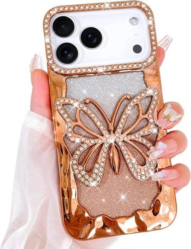 Vista 26 de Bonoma Funda con purpurina para iPhone 13 Pro Max, bonita funda 3D con patrón de chapado en degradado de mariposa de diamante, protección de cámara