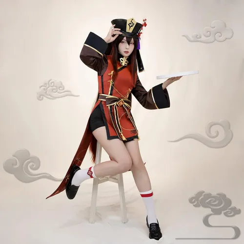 Vista 3 de CR ROLECOS Genshin Impact - Disfraz para cosplay de Hu Tao, traje para cosplay de HuTao, uniforme de fiesta de Halloween con sombrero, talla XL