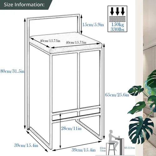Vista 3 de Juego de 2 taburetes de bar de diseño industrial con estructura y respaldo de acero negro, altura ajustable, para cocina y comedor, elegantes sillas