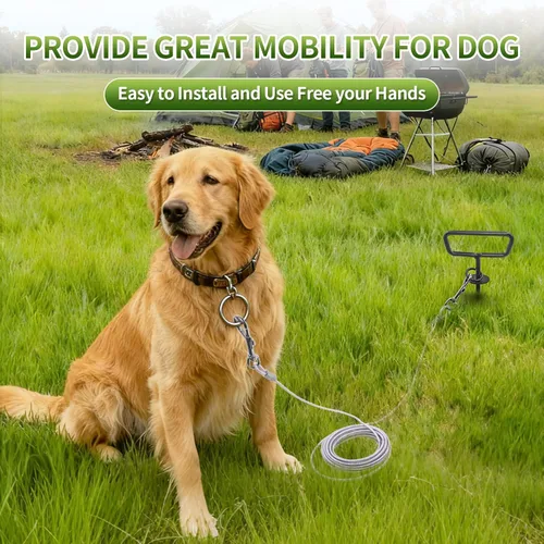 Vista 6 de Cable de amarre y estaca para perros de 20 pies, resistente para patio, correa de gancho con bloqueo, cable giratorio de 360° para perros medianos